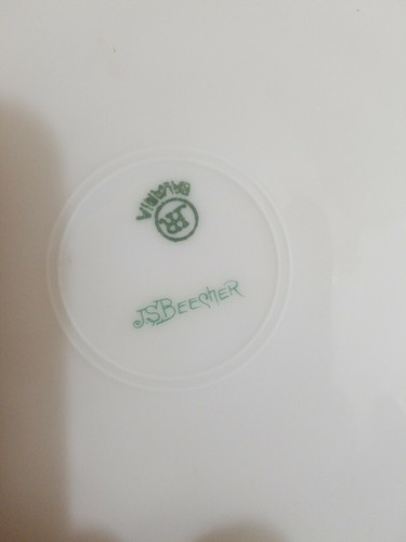 Plato redondo floral vintage HR Bavaria verde con asas doradas pintado a mano  - Imagen 6 de 9