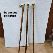 Walking Lot Of 3 piece Antique Cane Wooden Walking Stick Gold Brass Handle Knob