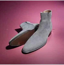 New Gray Handmade Suede Formal Jodhpur Ankle Zipper Dress Boots For Mens