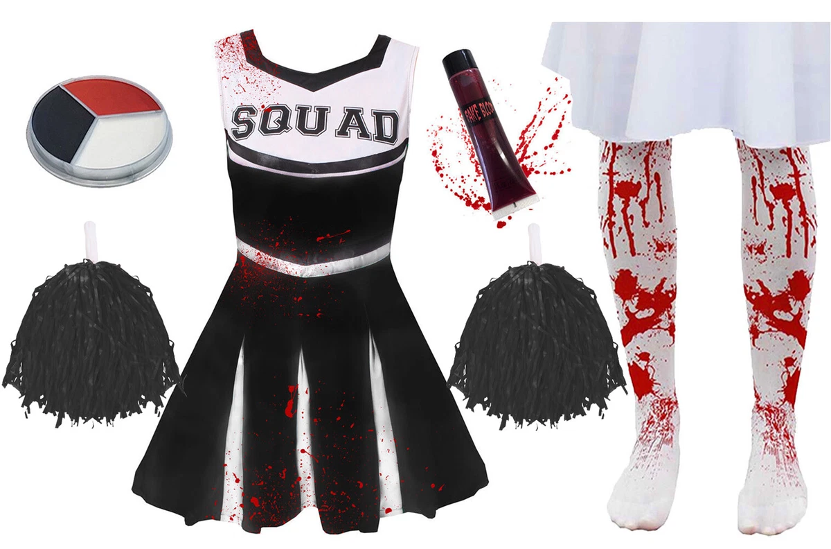 GIRLS BLACK ZOMBIE CHEERLEADER CHILDS SCHOOL FANCY DRESS COSTUME