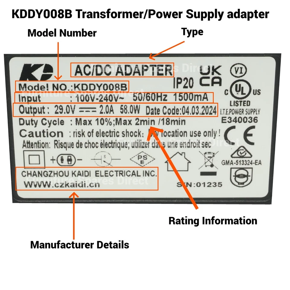 Genuine Kaidi KDDY008B 29V 2A Power Adapter Transformer Recliner Chairs & Sofas - image 4 of 4
