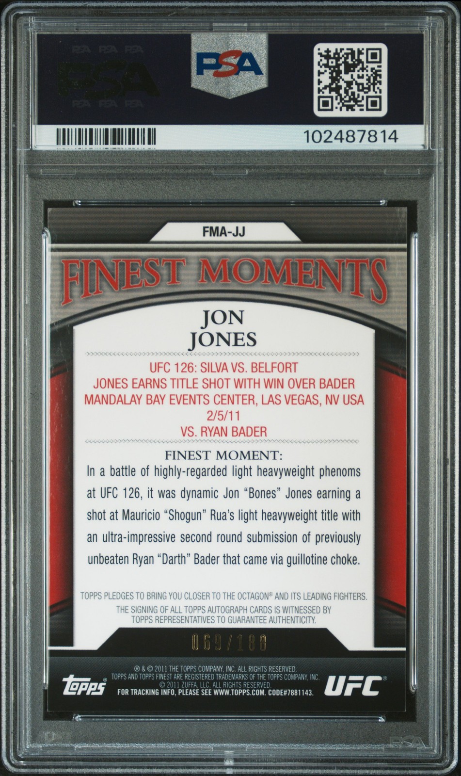 2011 Finest Ufc Finest Moments Autographs #FMA-JJ Jon Jones PSA 9 view 2