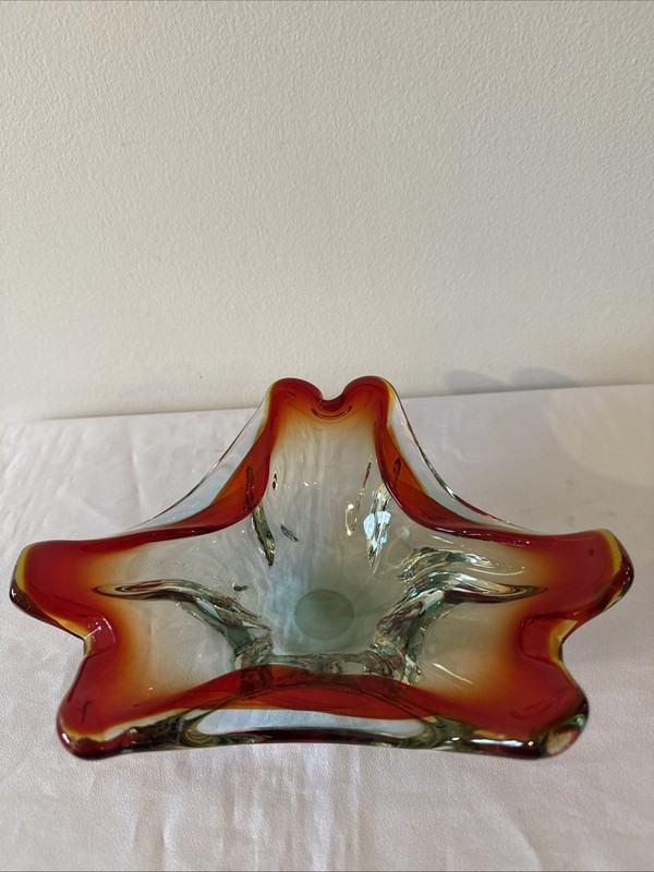 Mid Century Murano Glass Bowl Serving Tray Italian Design Red Gold Abstract