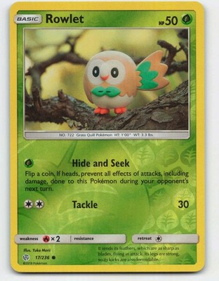 2019 Pokemon, Cosmic Eclipse, #17/236 Rowlet, Reverse Holo Common NM