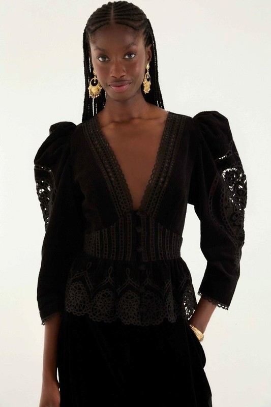 NW AUTH FARM RIO Black Artichoke Heart Richelieu Blouse Top Shirt EXTRA SMALL XS