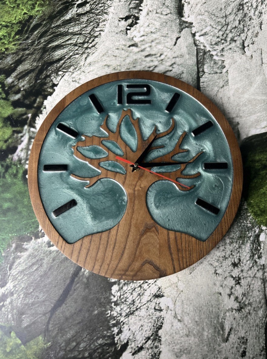Modern Wood Epoxy Wall Clock Tree of Life 33cm Handmade Designer Clock-image