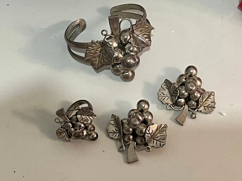 VTG Mexico Sterling Silver 925 Grape Cluster Vines Cuff bracelet ring earrings