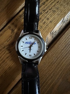 Vtg ESP Bienne Pepsi Corp Quartz Watch Unisex Silver Tone Leather New Battery