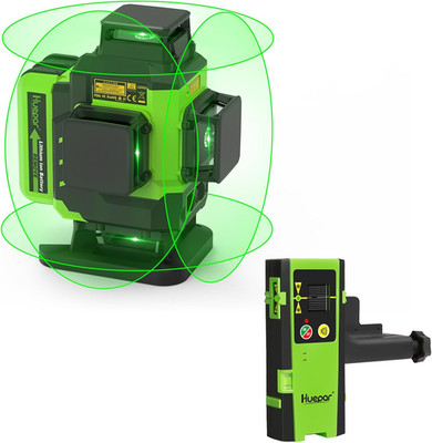 4D Green Beam Laser Level - 16 Lines, Receiver, 2 Batteries & Case Included