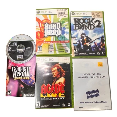 Lot of 5 XBOX 360 Guitar Hero III, Aerosmith, AC/DC, Rock Band 2, Band Hero