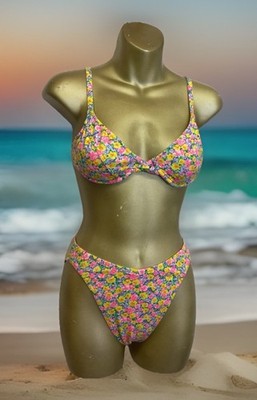 Vtg 90s Rebel Beach Bikini Swimsuit Push Up High Cut Bright Floral Sz S USA Made
