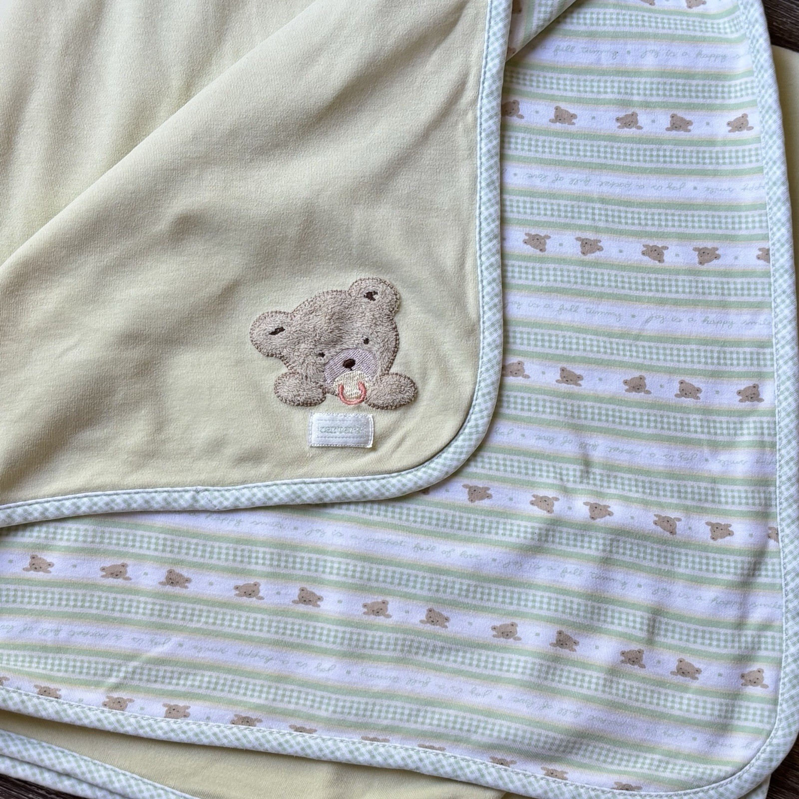 Vintage  Carter’s Yellow Bear Baby Blanket Green Stripe Double Ply