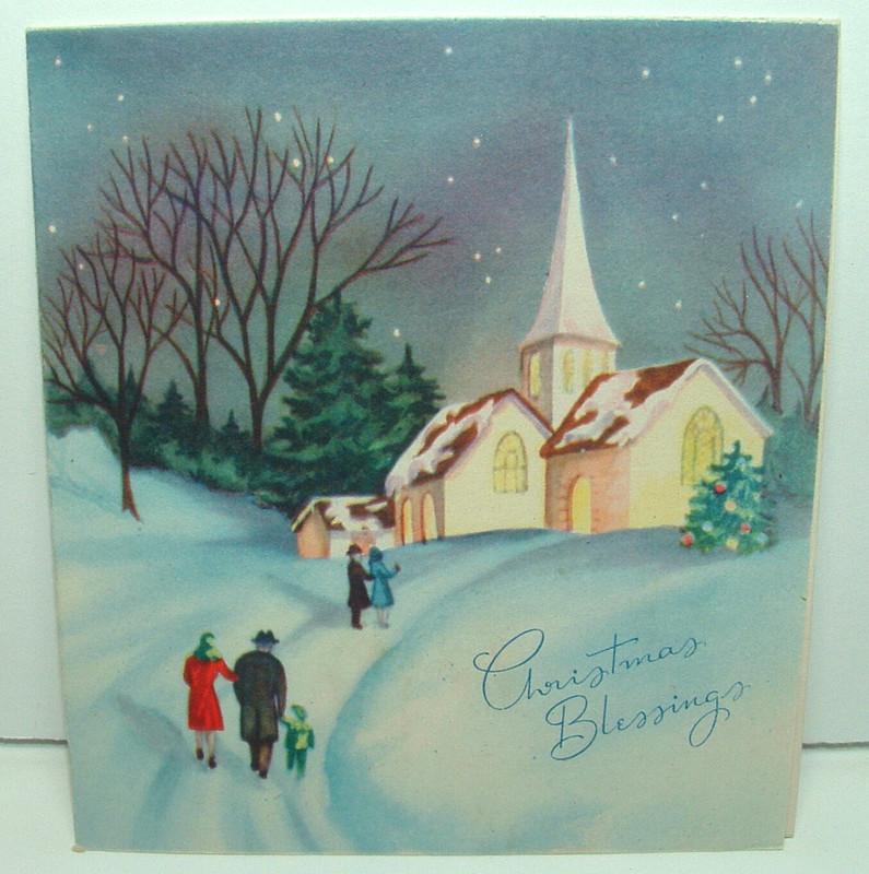 1940's People Going to Church - 1940's Vintage Christmas Greeting Card