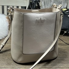 Kate Spade New York Bucket Bag Pebbled Beige Gold Logo Accent Shoulder