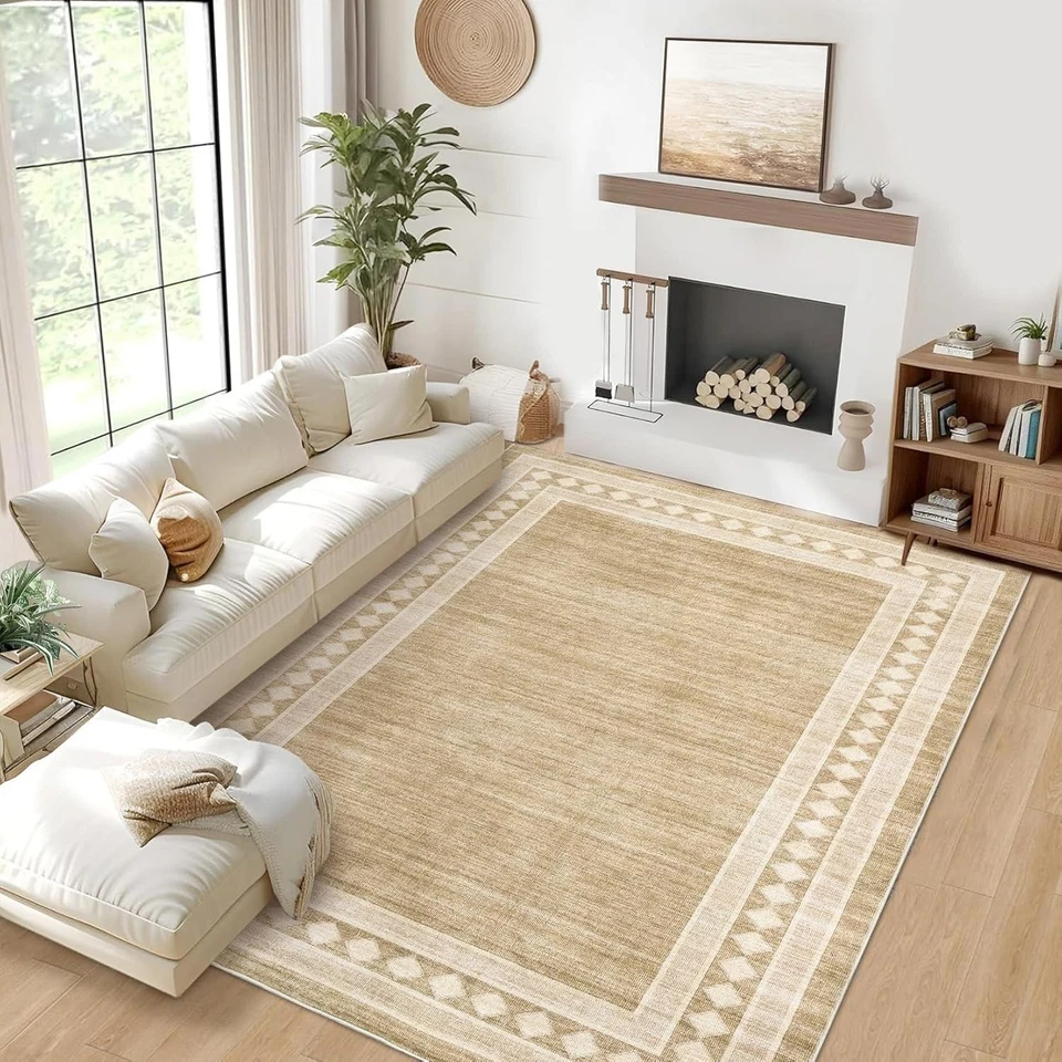 Garvee Washable Area Rug Solid Bordered Soft Geometric Carpet Dining Room Office - Image 2 of 4