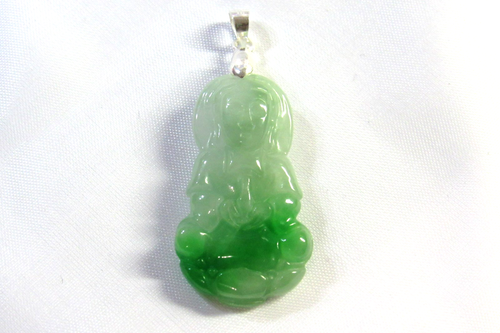 NATÜRLICHE GRÜNE JADE LADY BUDDHA GUANYIN KWAN YIN ANHÄNGER Silber 30mm x 17mm