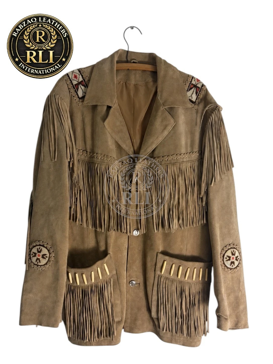 Genuine Suede Leather Fringe Jacket Men Western Cowboy Native Style Vintage Tan