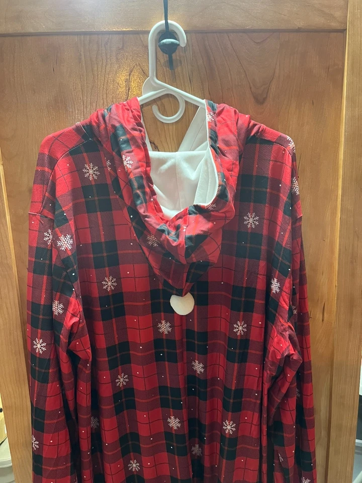 Pijama de una pieza de Navidad para adultos rojo a cuadros con capucha cara de Papá Noel cremallera Foto 3 de 4