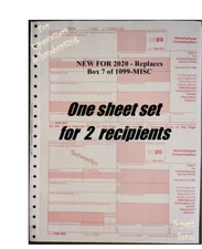 2020 IRS Tax Form 1099-NEC single sheet set for 2 recipients, carbonless 5-part