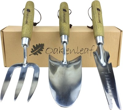 3 Piece Garden Hand Tool Set Extra Large Stainless Timber and Steel 