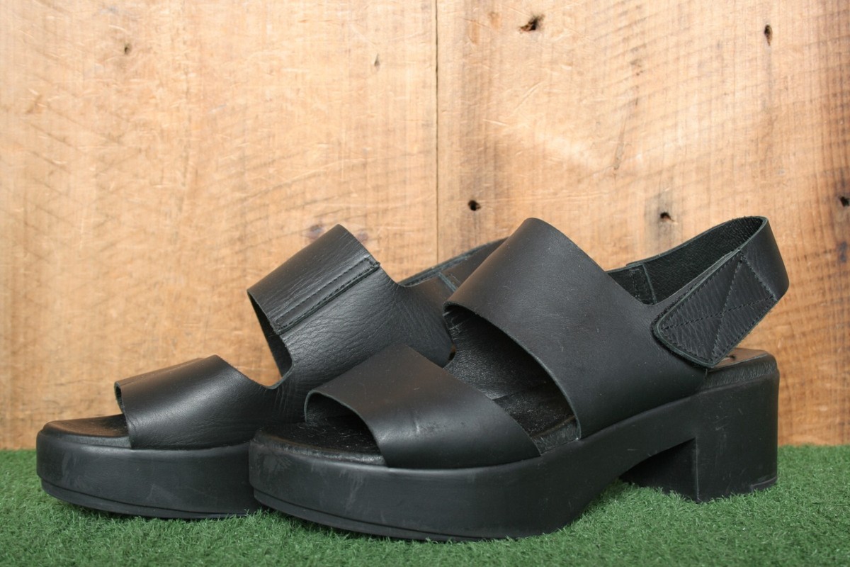 MIISTA Black Leather Block Heel Slingback Platform Sandals EU 39 ≈ US 