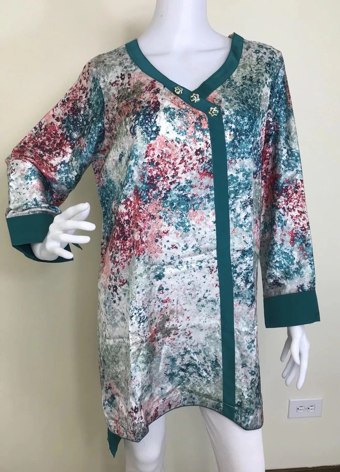 Blusa feminina Kurti de seda estampada designer paquistanês M, G, XL - Imagem 2 de 4