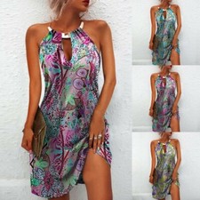 Women Boho Floral Print Sleeveless Halter Dress Summer Beach Sundress Plus Size