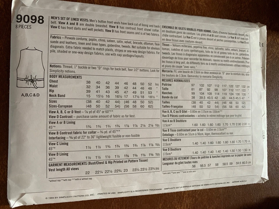 Simplicity 1994 Sewing Pattern 9098 Mens Vest Size 38-40-42-44 - Image 2 of 2