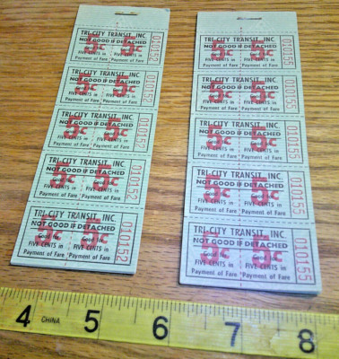 original Vintage tri-city transit 5c  tickets 30 per book 2 complete books