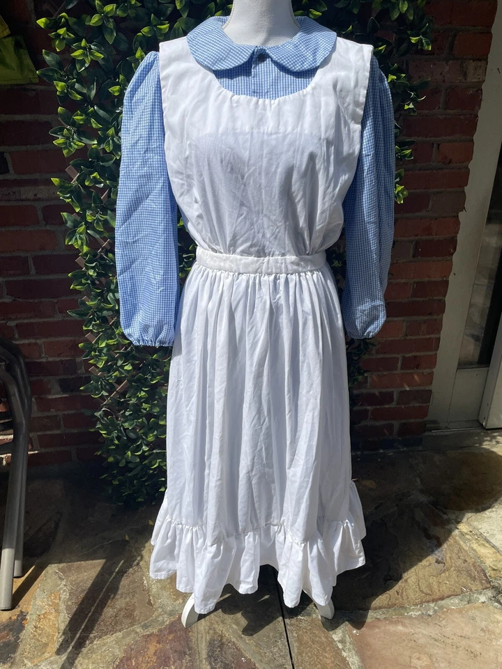Vintage Pioneer Prairie Blue cotton calico dress White pinafore Cottagecore S/M - Image 2 of 4