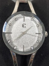 Charming Charlie Silver Tone Shimmer Glitter Dial Round Hinge Cuff Watch 6 inch