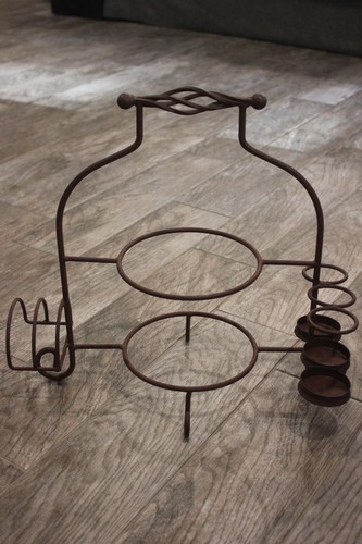 Vintage Brown Wrought Iron 2-Tier Plate Stand Rack w Napkin & Silverware Holders - Picture 9 of 11