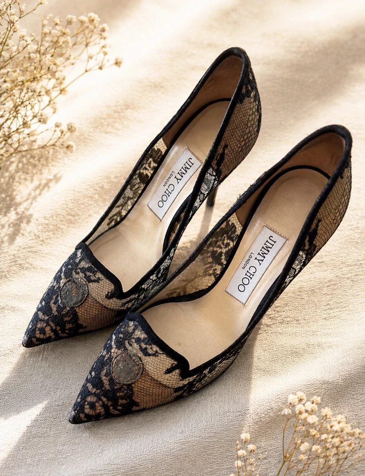 Authentiques Jimmy Choo Escarpins Dentelle Noir & Nude T36 Talons Hauts - Photo 1/4