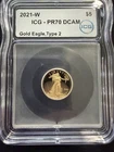 GEM PROOF 2021-W $5 American Gold Eagle Type 2 1/10 Oz IGC PR70DCAM