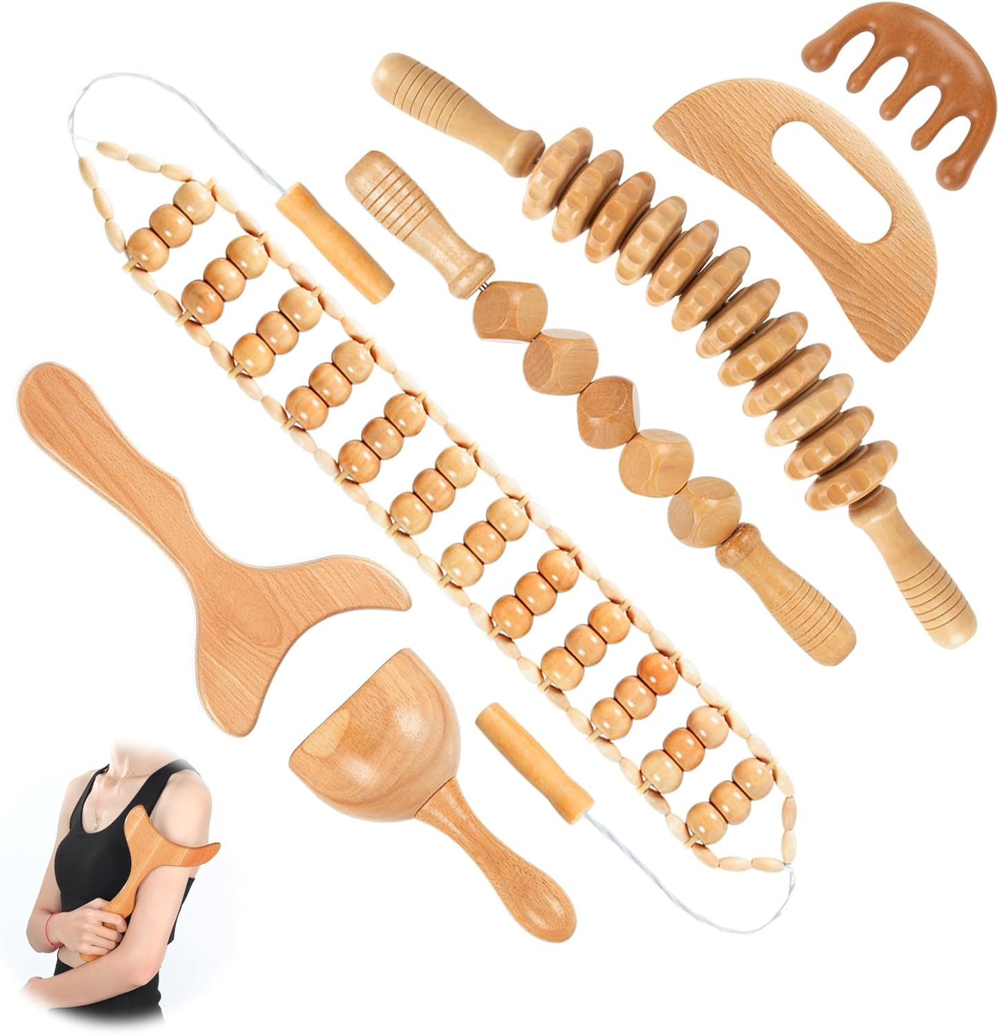 Wood Therapy Massage Tools 7-In-1, Wooden Lymphatic Drainage Massager Body Cellu