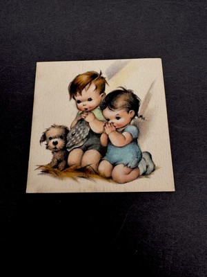 1 VTG Charlot Byj Ars Sacra Xmas Greeting Card Cute Boy & Sister Praying W/ Dog