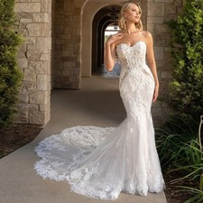 Mermaid Wedding Dresses For Woman Bridal Strapless Buttons Appliques Sweep Train