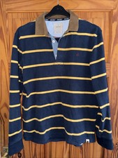 White Stuff Men’s Rugby Polo Shirt Size S Navy/ Gold Brown Corduroy Collar VGC