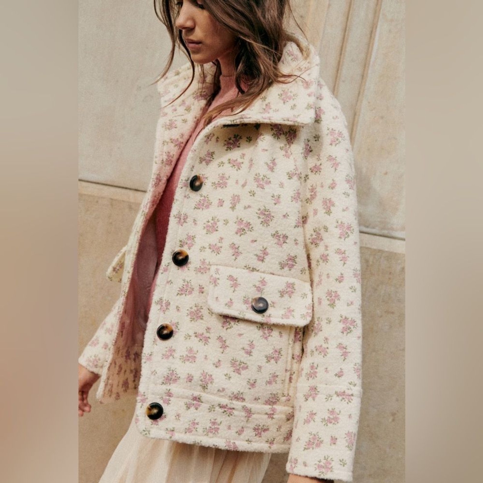 RRP US$400 Sézane Leo wool blend coat little roses prairie NWT FR40 US8