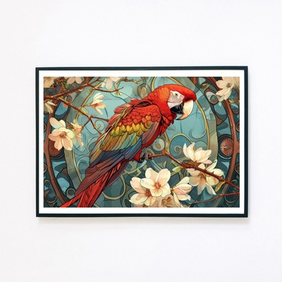 Papagei Tropischer Vogel Blumen Botanische Illustration 7x5 Wanddeko Kunstdruck 