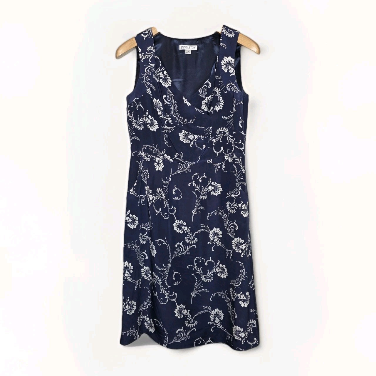Pendleton Silk Sleeveless Faux Wrap Top Side Zip Navy Floral Pockets Sz 8 Lined