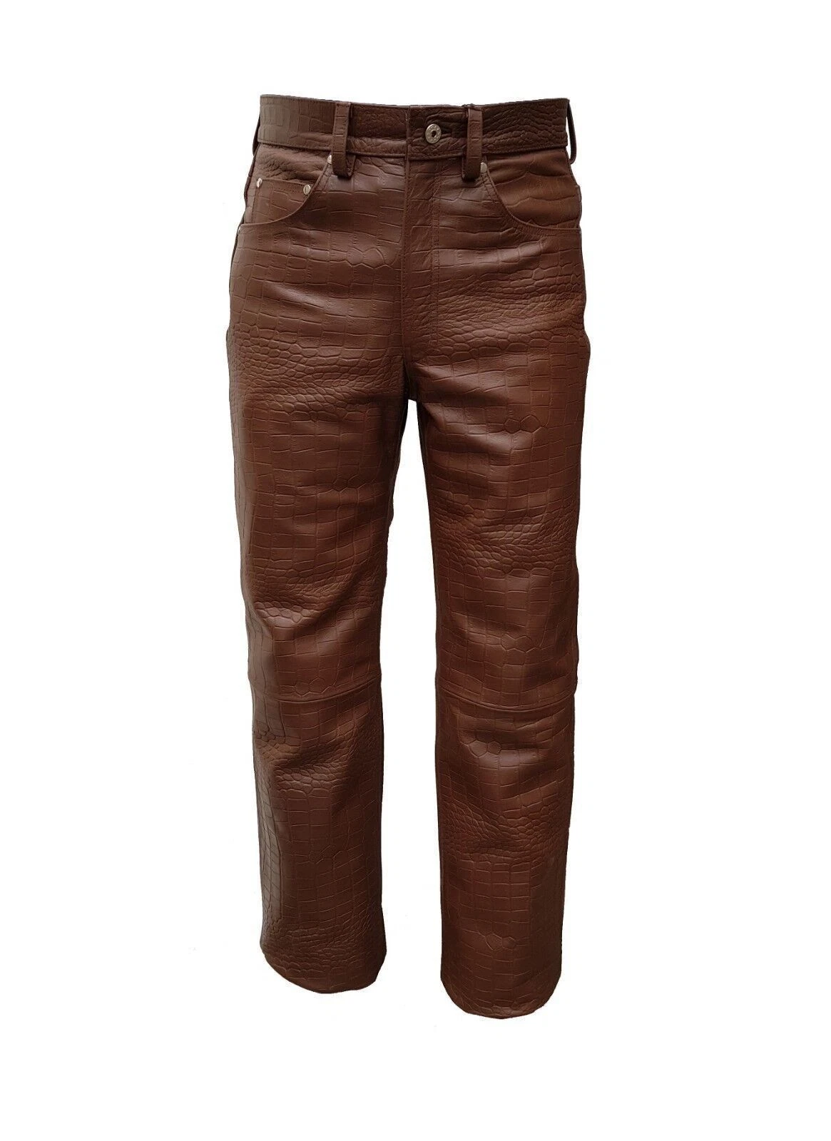 Men's Genuine Leather Alligator Crocodile Printed Biker Jeans Pant Brown