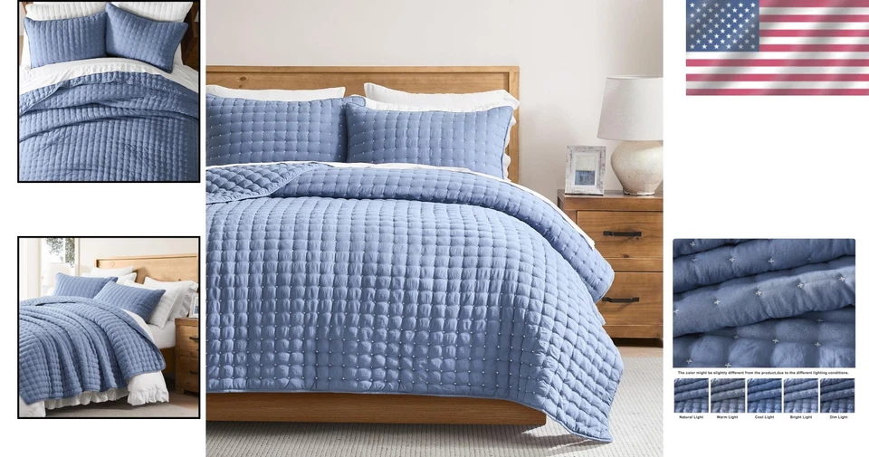 Oversized 118x106" Blue Quilt Set with Pillow Shams for Modern Bedrooms - Image 2 of 4