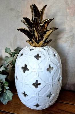 Ceramic Pineapple Sculpture White with Gold Leaves Lattice Weave Pineapple 13''