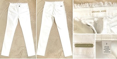 Michael Kors Damen Skinny Jeans Weiß Gr. 2 Stretch Denim Fransen Schrittl. 55cm