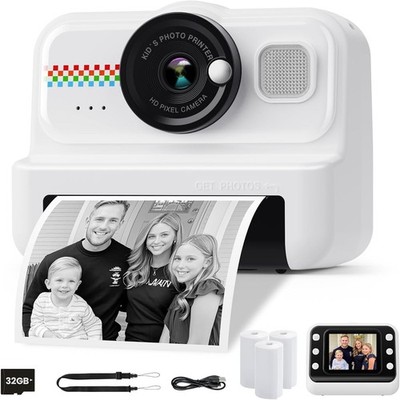 Kids Instant Print Camera, 1080P HD with 3 Rolls Print Paper & 32GB Card, Ideal