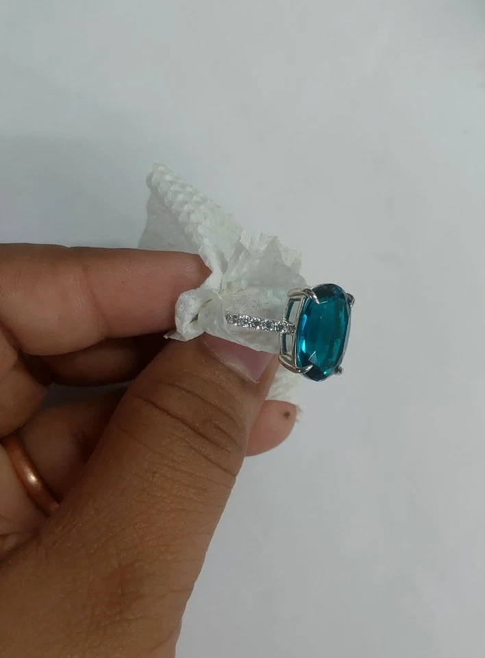 14k White Gold Plated 3 Ct Oval Cut Lab-Created Topaz Blue Engagement Ring - Image 2 of 4