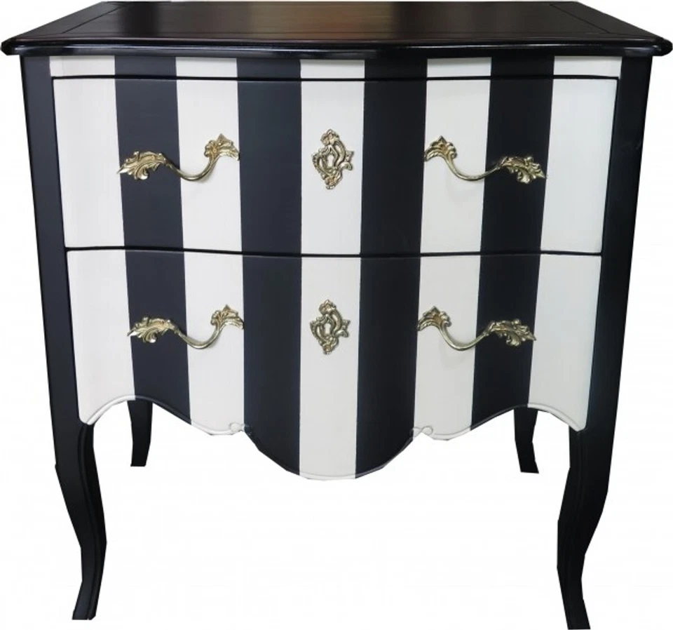 Casa Padrino Barock Kommode Schwarz / Weiß Streifen / Holzfarben mit Gold Applik - Bild 1 von 1