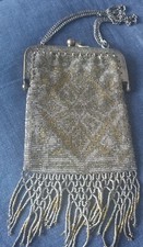 Antique French Micro Steel Bead Purse - Vintage Metal Beaded Fringe Flapper Bag