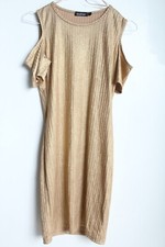 Boohoo Womens Golden Ribbed Cold shoulder Dress - Size 10 (VP7)